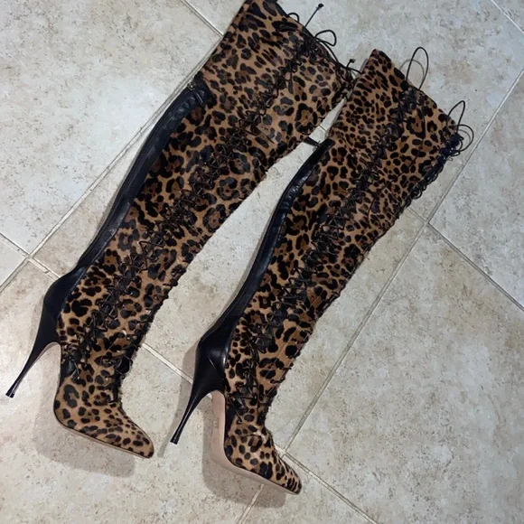 NWOBđ«Brian Atwood Belle Cheetah/Leapoard Leather CalfHair LaceUp Thigh HighBoots - Picture 4 of 14